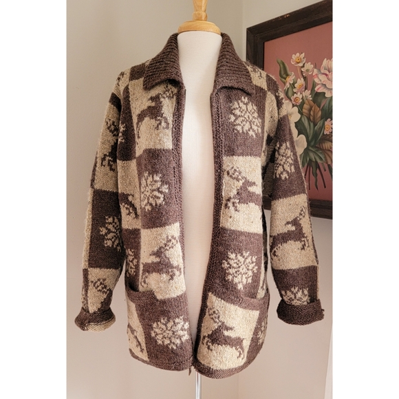 Vintage Wool Cowichan Style Sweater Wool Zip Front w/ Neutral Winter Patchwork - Picture 11 of 15